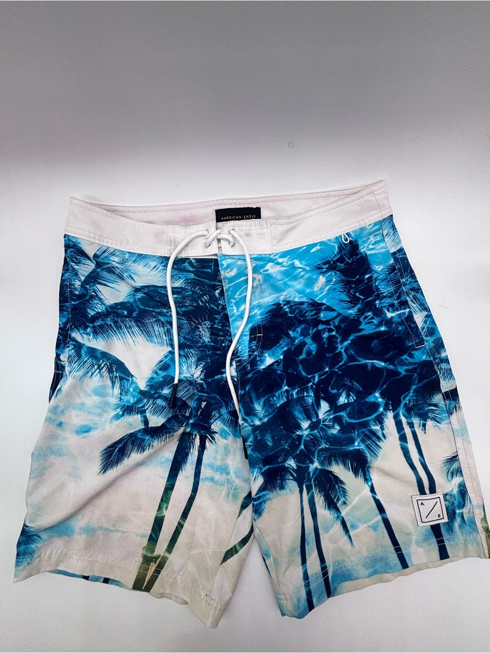 American Eagle Outfitters Blue Palm-Print Swim Board Shorts